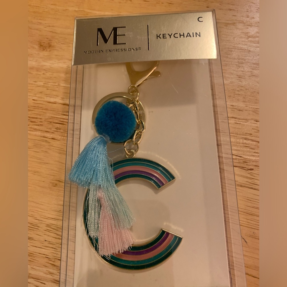 BN Modern Expressions “C”keychain in rainbow  pompom tassel Gold tone